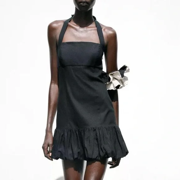 NWT Zara Linen Drop Waist Halter Neck Bubble Hem Mini Dress in Black - M - Picture 1 of 8